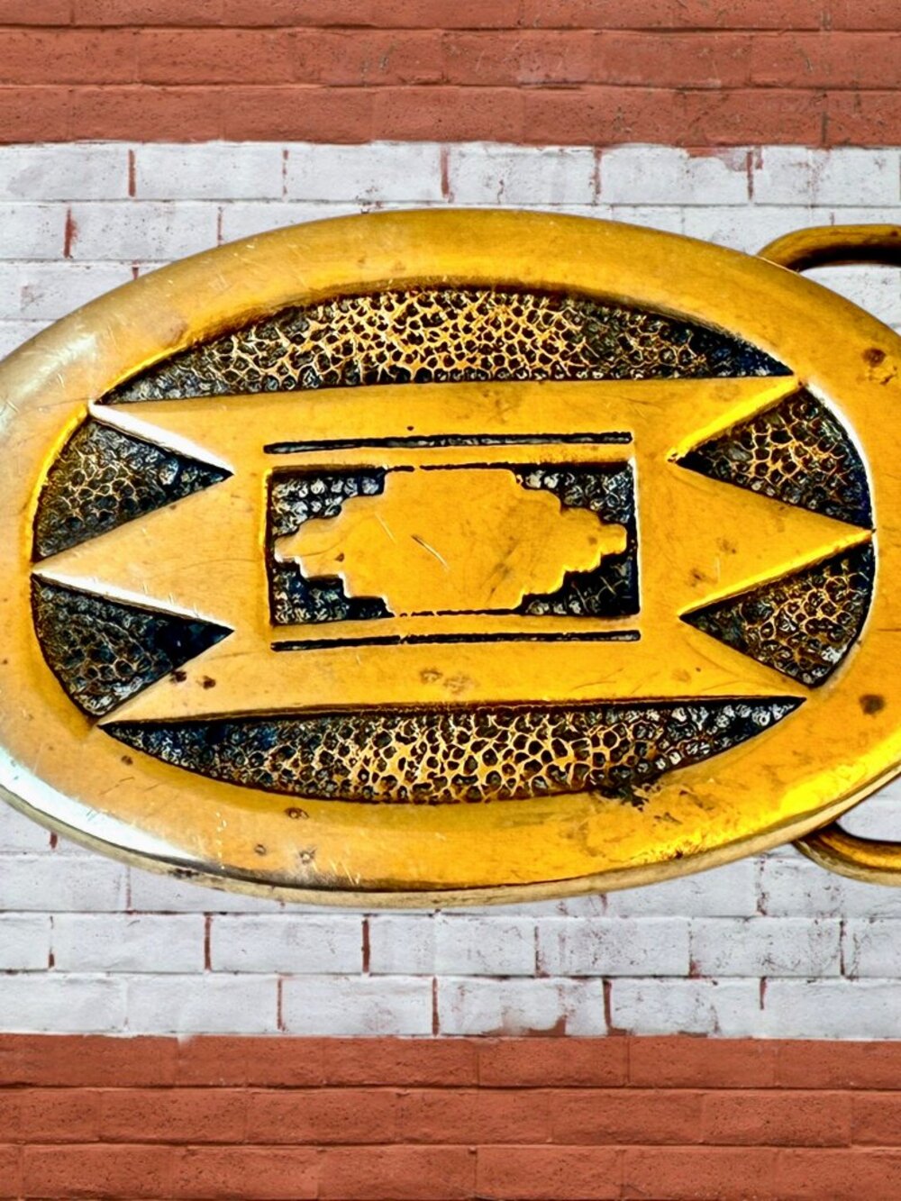BTS Brass Belt Buckle Native Tribal Aztec Southwestern 70's Vintage Made in USA